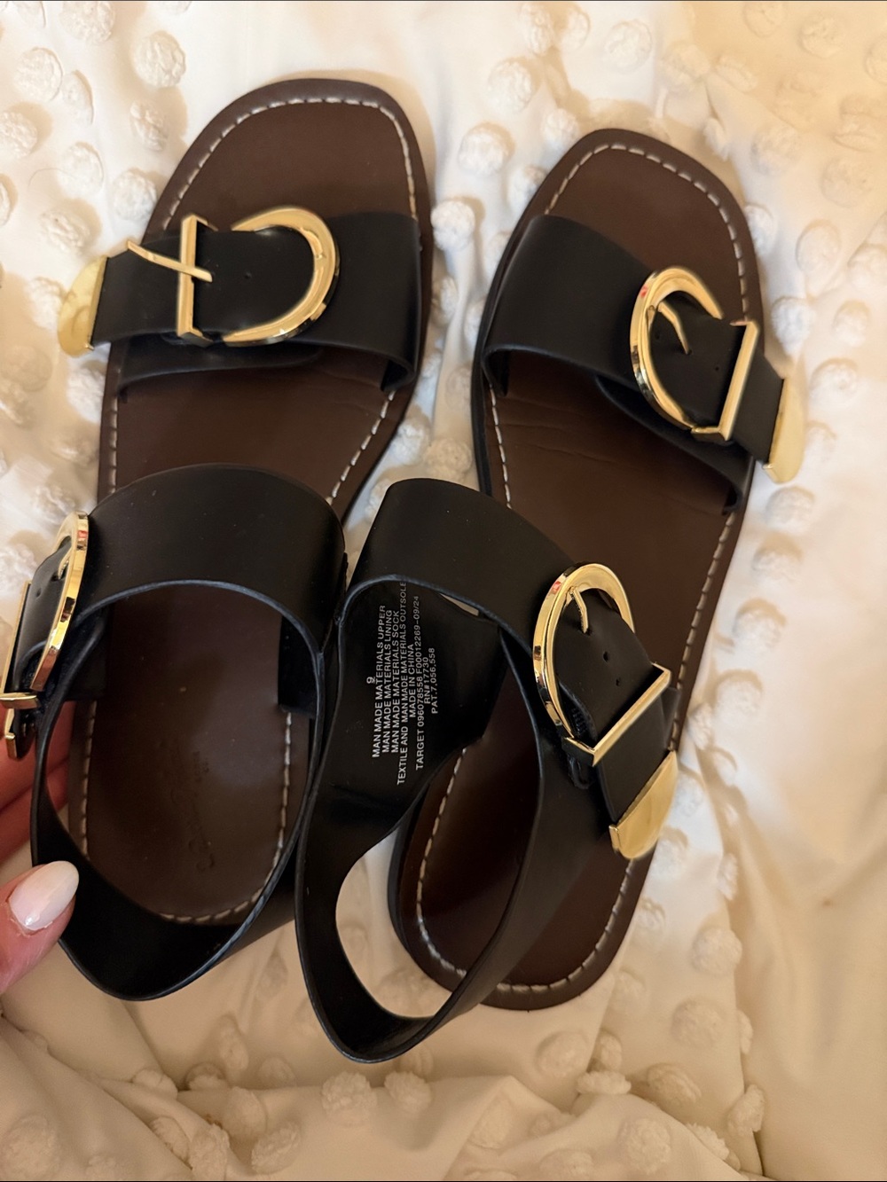 Universal Thread Black Slide Sandals with Gold Buckles